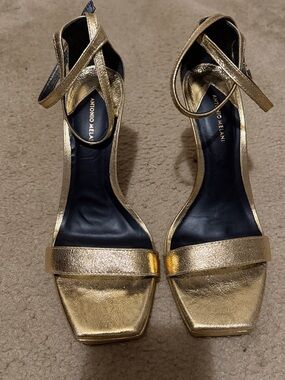 ANTONIO MELANI Metallic Gold Square-Toe Ankle-Strap Heels